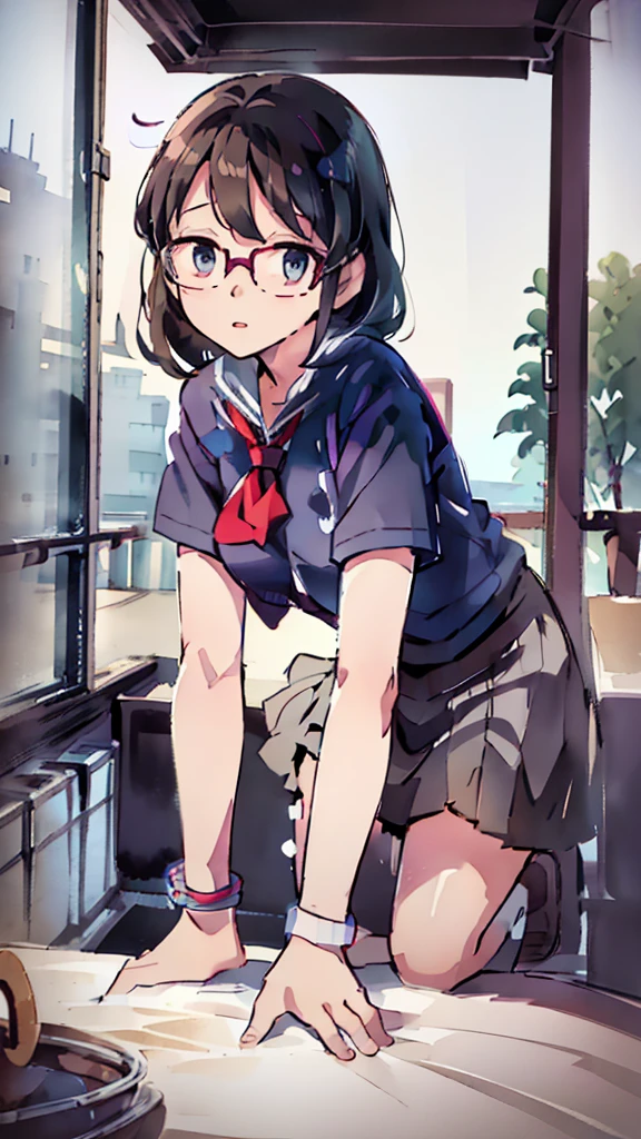 moon，Blue light、Night、sea、sky、a beautiful detailed schoolgirl with short brown hair and red-framed glasses, wearing a white blouse and navy skirt, her white panties visible, navy socks and brown loafers, in a state of arousal and trembling with sexual climax, simple illustration style, in a nichijou (everyday life) setting, (best quality,4k,hdr,masterpiece:1.2),ultra-detailed,(realistic,photorealistic,photo-realistic:1.37),extremely detailed eyes and face,longeyelashes,vivid colors