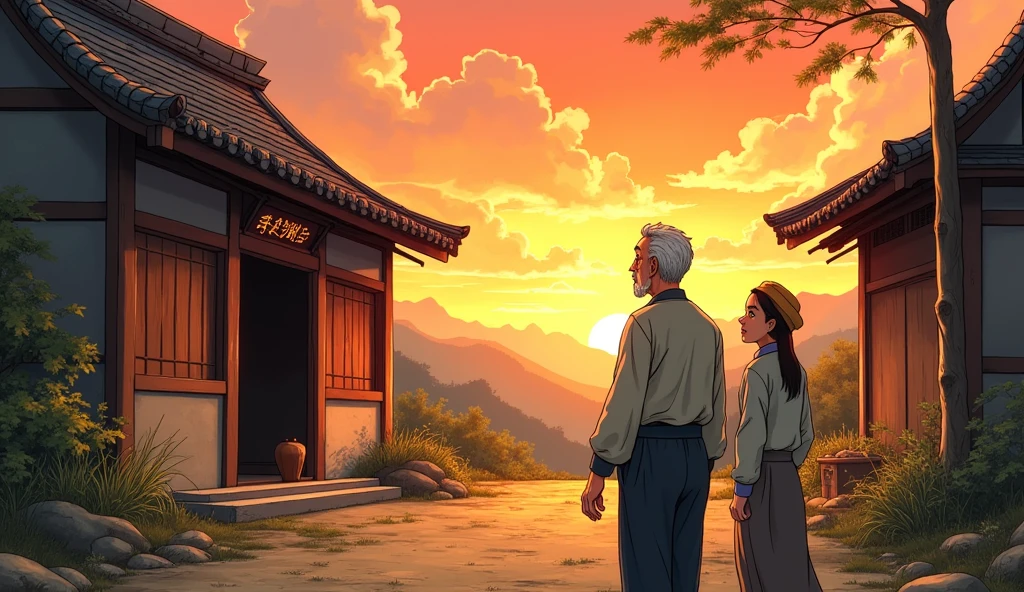 Create a dynamic and vivid comic book style illustration reminiscent of Hayao Miyazaki's distinctive style of the old Chinese farmer looking worriedly at the empty stable, with the sunlight setting in the background. Expressions of surprise and disquiet can be seen on his face as he turns to his neighbors who are also surprised..