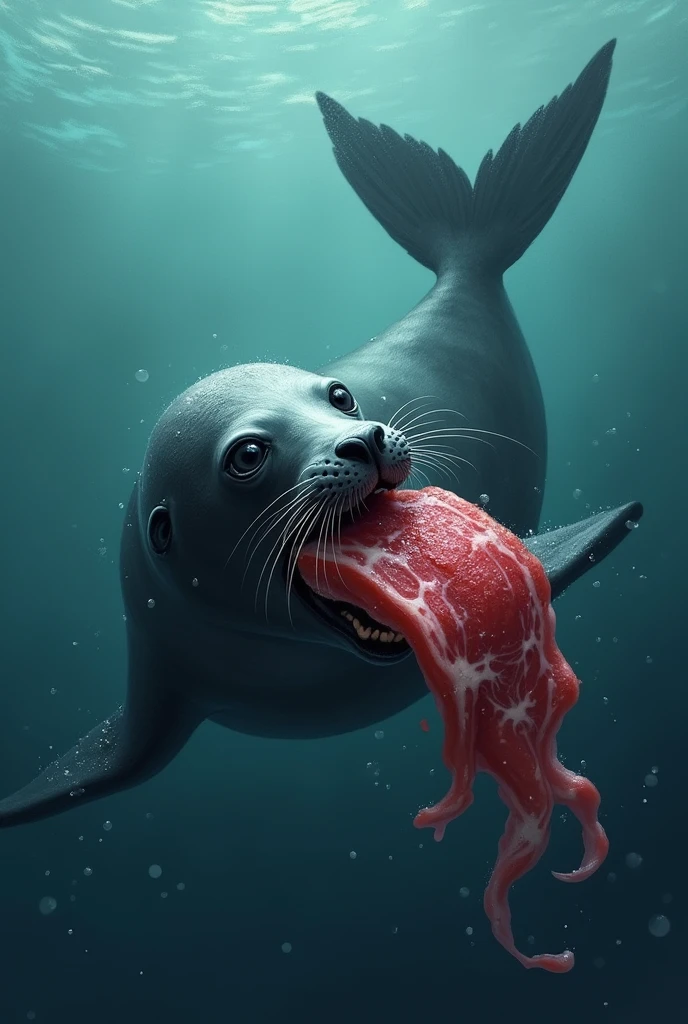 Seal eating half of a meat in the sea