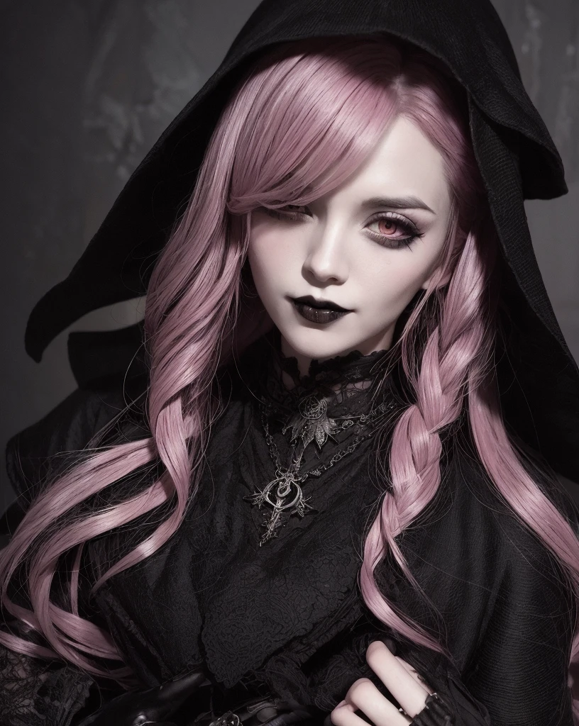 Gothic, vampires, black cloaks, 18th century London, Pink hair, young face, smile, famous character, high detail of objects, gloomy environment, horror style, good detail of body and hands, full height, high detail 2k, black lipstick on the lips