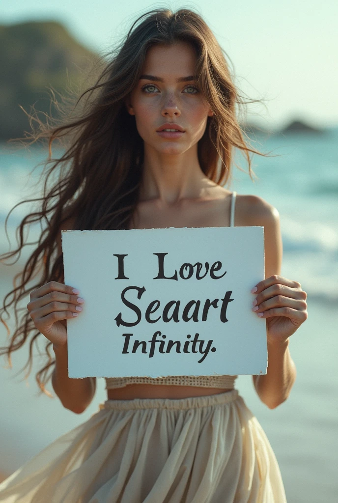 Beautiful girl with wavy long hair, bohemian dress, holding a white board with text "I Love Seaart Infinity" and showing it to the viewer