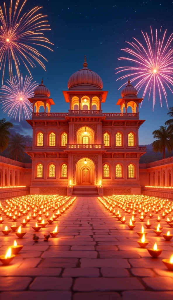 In cinematics 3D cartoon style " A wide shot of the haveli fully illuminated with hundreds of diyas, looking vibrant and alive once more, with fireworks lighting up the sky in the background"