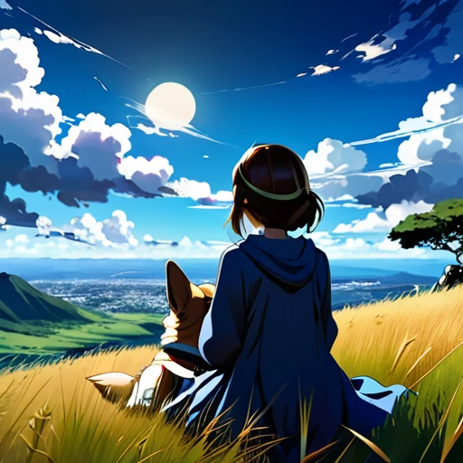anime landscape of a girl&cute corgidog sitting on a hill with grasses with dark blue clouds, blue cere sky lightly big bell with few clouds, anime nature wallpapers, beautiful anime scene, beautiful anime peace scene, Makoto Shinkai Cyril Rolando, beautiful scene of anime, amazing wallpaper, anime art wallpaper 8k, anime background, art anime background, anime 4k wallpaper, anime art 4k wallpaper, anime art 4k wallpaper, prayer of requiem prayer of requiem