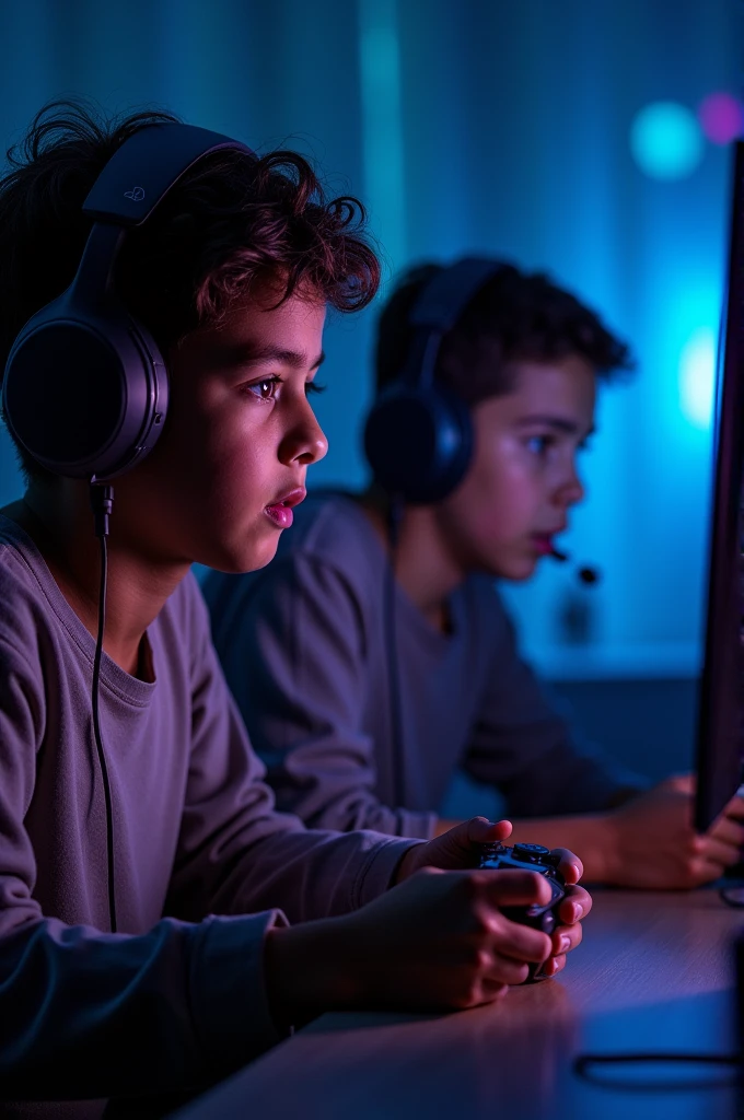 Cover for YouTube channel, a dark and thin boy and the other white and fat, both playing video games, both with PS5 controller in hand, both with headset 