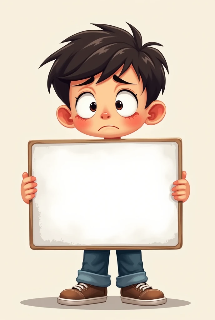AI cartoon type sad boy with , holding a white board