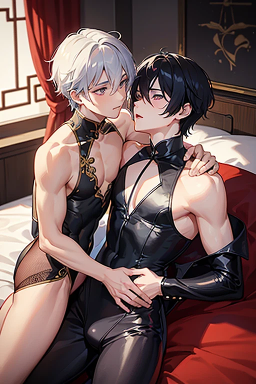 (Situation)Two men, mutual love, young men, BL, homosexual, sex between men, two men on a bed, facing each other in a cowgirl position, kissing, dark room at night, Chinese style
(Common appearance) A man dressed as a woman, a slender man, a man in Chinese-style sexy lingerie with see-through fabric, a man in a Chinese dress with see-through fabric, women's clothing, elbow-length gloves with see-through fabric, see-through socks, nipples showing through thin fabric, pectoral muscles, bulging crotch, penis visible, erect penis
(1st person) A boy around , black hair, purple eyes, ecstatic expression, shyness, feeling good, chest muscles, rubbing crotch
(Second Person) A man in his 20s, silver hair, green eyes, ecstatic expression, shyness, feeling good, chest muscles, rubbing his crotch
