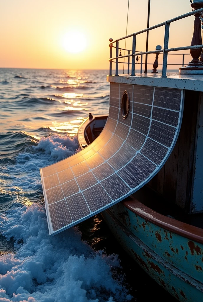Generate flexible solar panel attached to a side of fishing boat in sea
