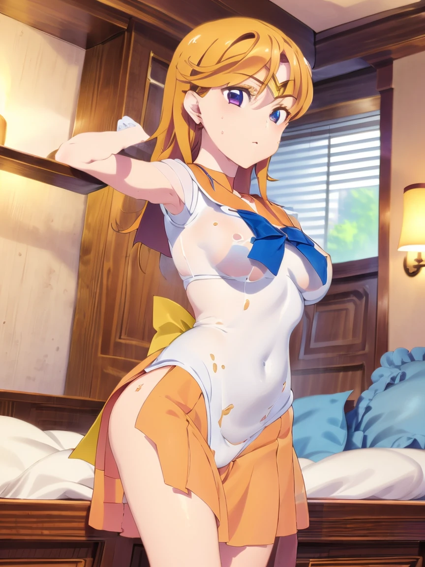 1 girl, light smile, shiny skin, highest quality, table top, (game CG:1.4), NSFW, detailed beautiful face and eyes,big breasts、Lingerie with a small area, sailor venus, I could feel the fight, Severe, cowboy shot、big and full breasts、full moon night、starry sky、((highest quality)), (Super detailed), (Very detailed CG synthesis 8k wallpaper), very detailed, High resolution raw color photos, professional photography, ((beautiful big breasts)), wonderful face and eyes,, (see through panties:1.2),、、 giant art, macro giant, crying expression　open your mouth　narrow your eyes　　stick out your hips　open your legs　lie on your back　Full body painting　put your hand on your crotch　I can see the armpits　　barefoot　please open your legs　bend your knees　Peeing　yellow water flowing from the crotch　full of sweat　Her leotard is wet and her skin is visible.　soak in white slime　pool full of white slime　Indulge