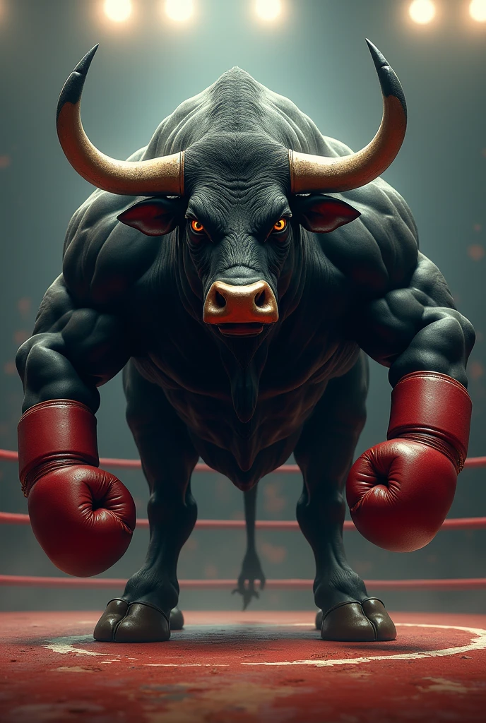 A massive, muscular bull with a shiny, black fur and a broad neck, which is supported by enormous muscles. Its broad horns give it an even more impressive appearance. The bull wears robust, dark red boxing gloves on his powerful front legs. He scratches one leg on the ground, his eyes sparkle with fighting spirit, and he is ready, to use his sheer power in the ring.
