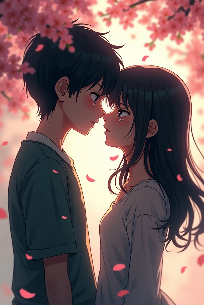 A boy and a girl walking away from each other in tears, make it more anime book cover, more heartbreaking and tear dropping.