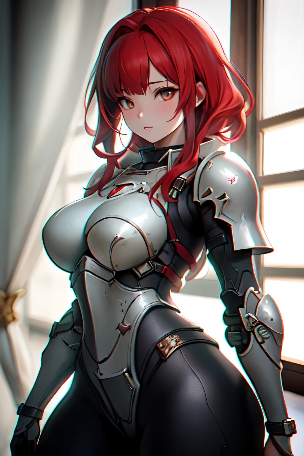 ((best quality)), ((Masterpiece)), (details:1.4), 3d, HDR (high dynamic range), mature woman, เหมือนจริง, Curtain Bangs, Red hair, White eyes, จมูกโด่ง, PBR surface, After processing, Anisotropic filtration,depth of field, Maximum clarity and clarity, multi-layered surface, perfect proportions, 8K raw files, holy paladin, Heavy armor,