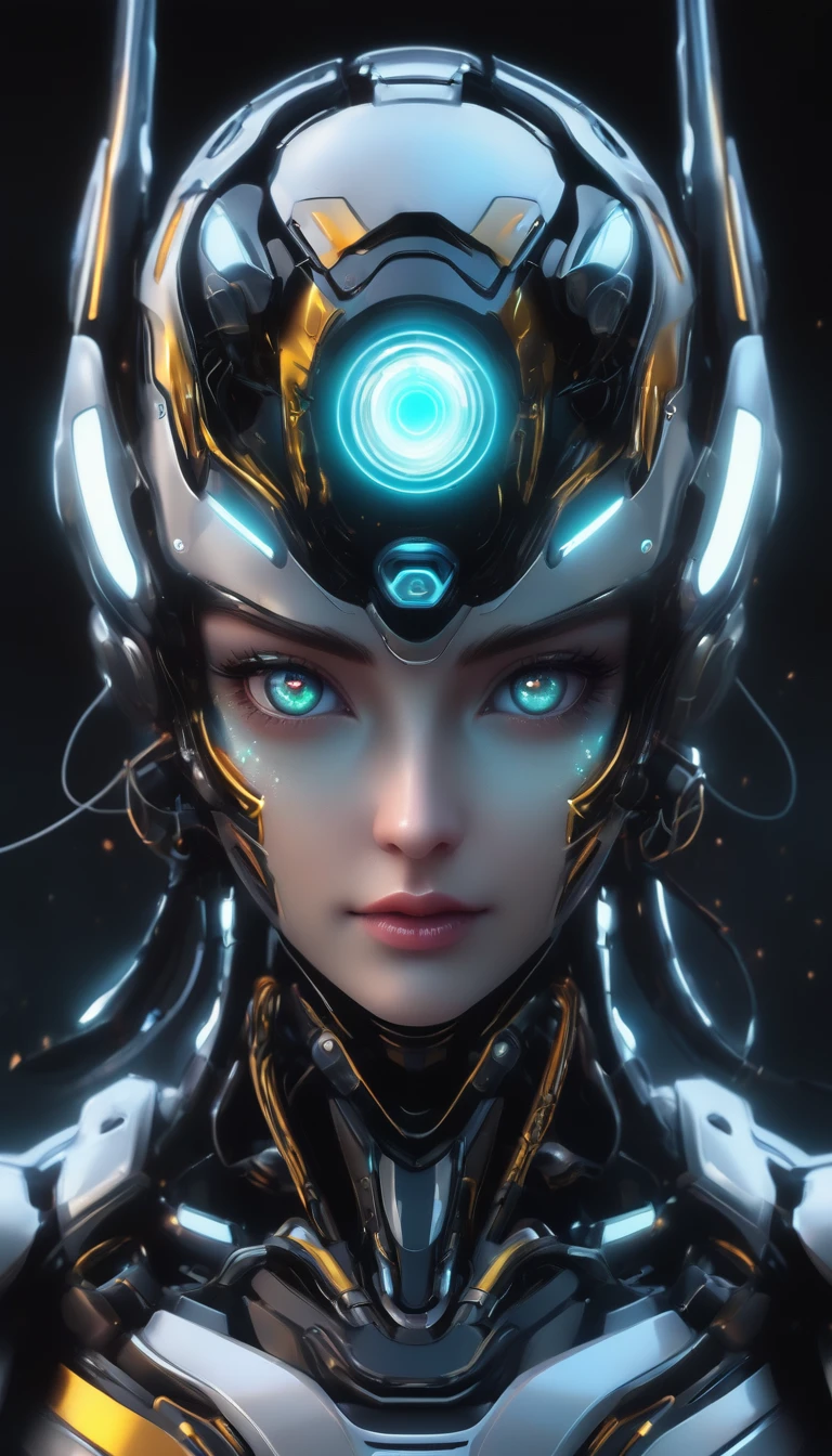 Create a powerful robot face image as it looks forward, front camera, cables, motors, eye lighting