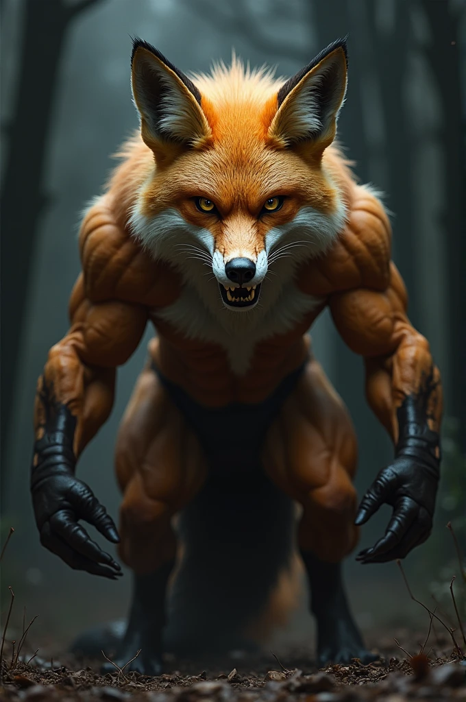 Fox with human features,strong arms ,strong legs,evil look 