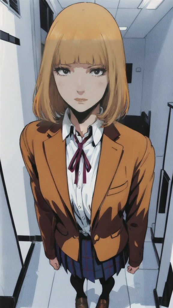 brown jacket, neck ribbon, collared shirt, school uniform, plaid skirt, loafers, squinting, eyelashes, blonde short  hair, brown eyes, striped shirt, (Unfiltered Painting:1.3) of (Cel shading:1.3),(Fearful:1.3) (1girl:1.1), eyelashe, short hair, hime cut, blonde hair, looking at viewer, face, high quality, highres, masterpiece, Sy3,(by Artist Sam Gilliam:1),(Berlin Secession:1),(Colorful:1),(close portrait:1.3),(Feminine:1.4),(beautiful:1.4),(attractive:1.3),handsome,calendar pose,perfectly detailed eyes,studio lighting,thematic background