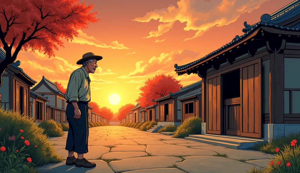 Create a dynamic and vivid comic book style illustration reminiscent of Hayao Miyazaki&#39;s distinctive style of the old Chinese farmer looking worriedly at the empty horse stable, with the sunlight setting in the background. Expressions of surprise and disquiet can be seen on his face as he turns to his neighbors who are also surprised..