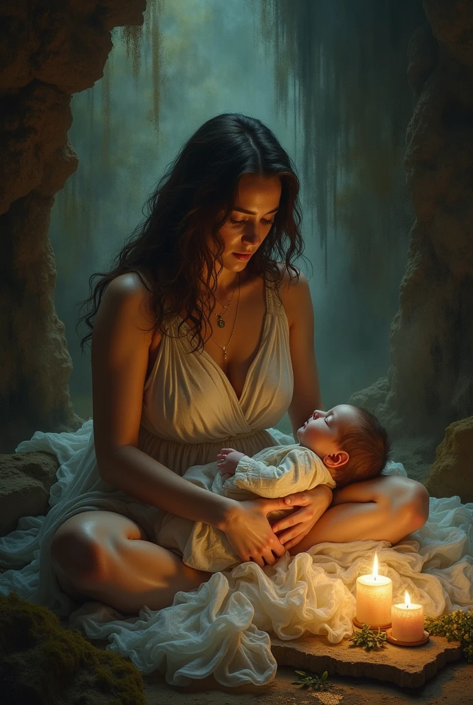 Cave: A cave woman breastfeeds her while her husband and two litts look on. Perfect Composition Beautiful Intricate Details Amazingly Detailed Artstation Octane Render Trend 8k Artistic Photography Photorealistic Concept Art Soft Natural Volume Cinematic Perfect Light Chiaroscuro Award Winning Masterpiece of Photography, perfect composition, beautiful detailed intricate insanely detailed octane render trending on artstation, 8 k artistic photography, photorealistic concept art, soft natural volumetric cinematic perfect light, chiaroscuro, award - winning photograph, masterpiece, oil on canvas, raphael, caravaggio, greg rutkowski, beeple, beksinski, giger