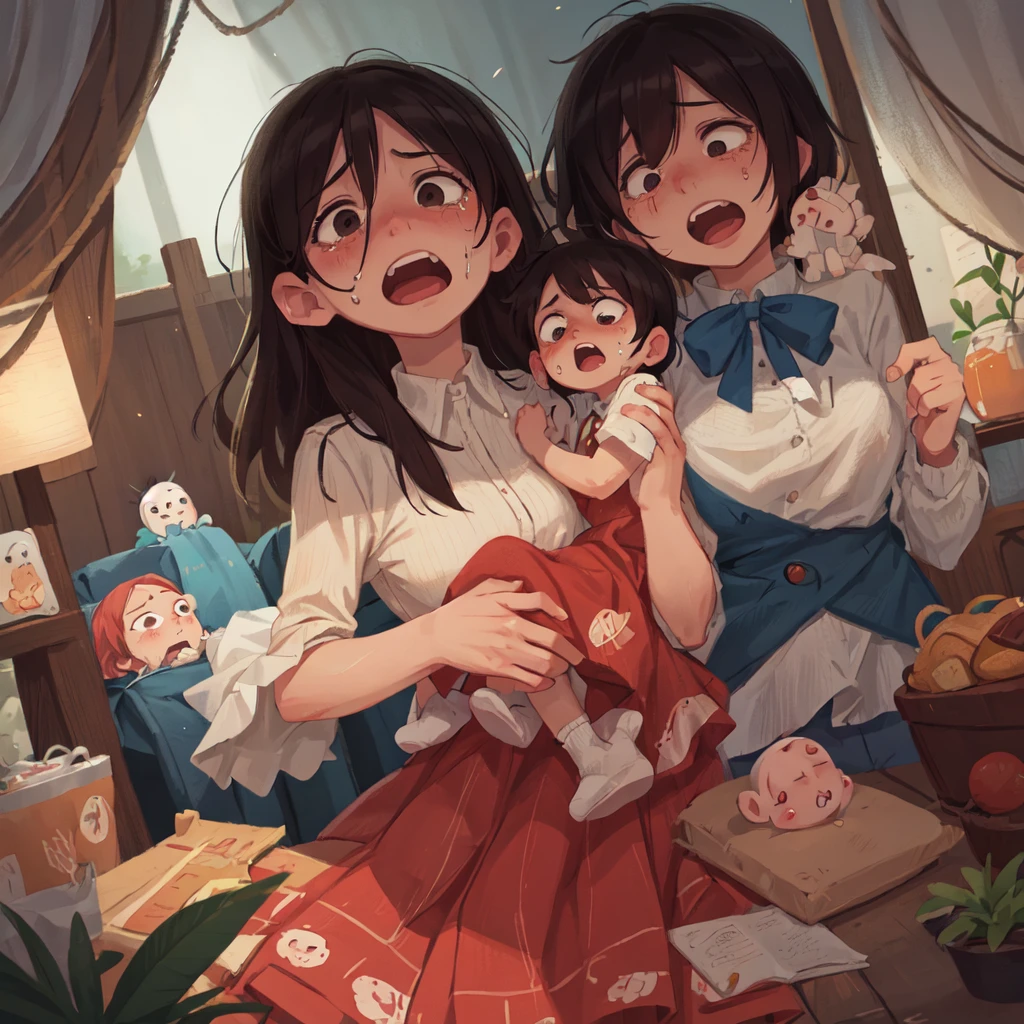 Scene: Mothers hold dead babies in their arms, and female mothers cry and scream in the middle of the night