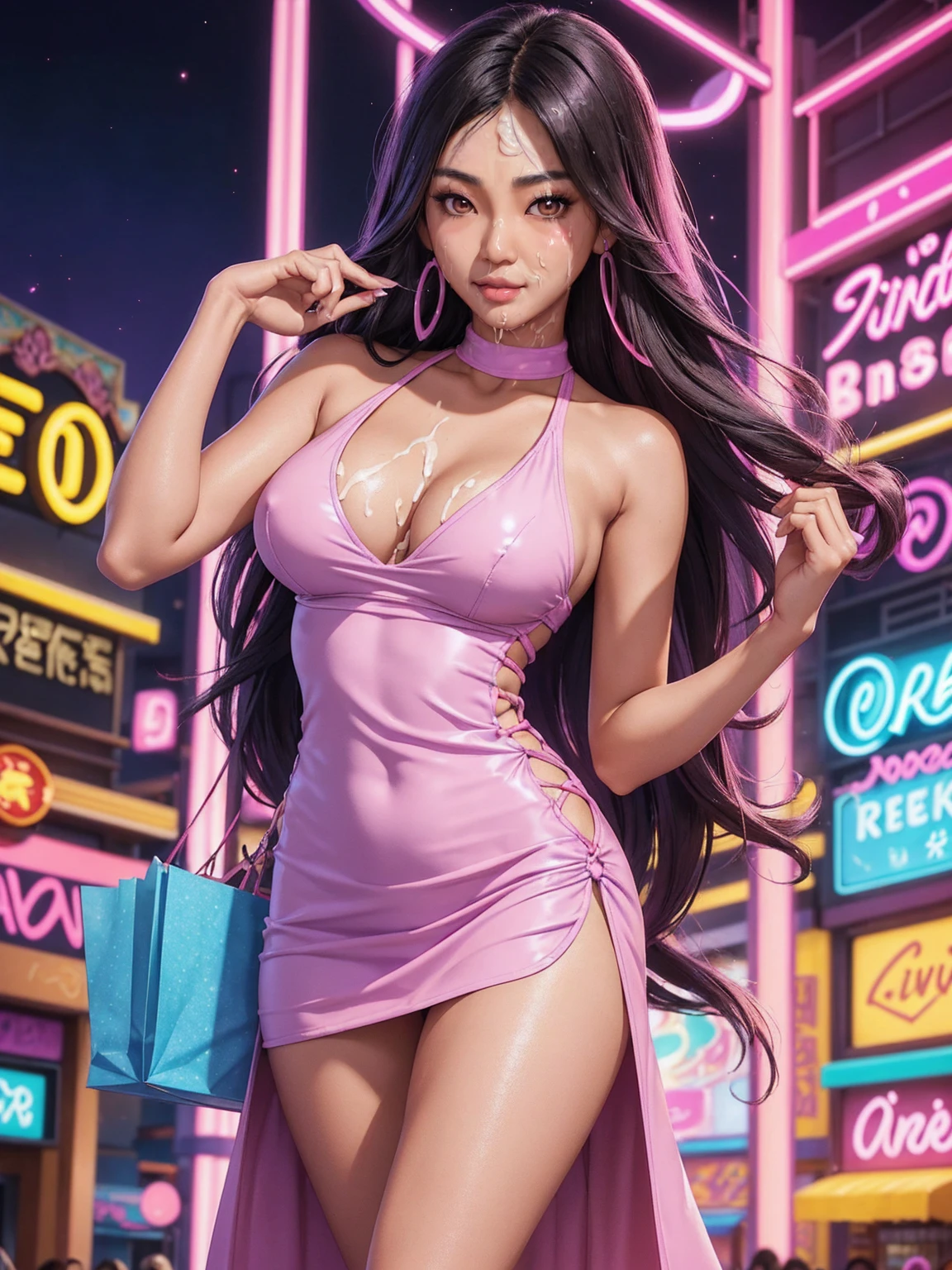 (Gorgeous sexy tanned Polynesian|Asian woman, extremely_long_hair, slanted Asian eyes, hourglass figure, perfect eyeliner:1.2), (masterpiece:1.4, best quality), medium breasts, unity 8k wallpaper, ultra detailed, (shopping in crowded plaza, purple pink yellow neon lights, cum on face and hair, wearing short cocktai_dress:1.5), alluring pose, upper body, narrow_waist, beautiful and aesthetic, detailed, solo, pubic_hair