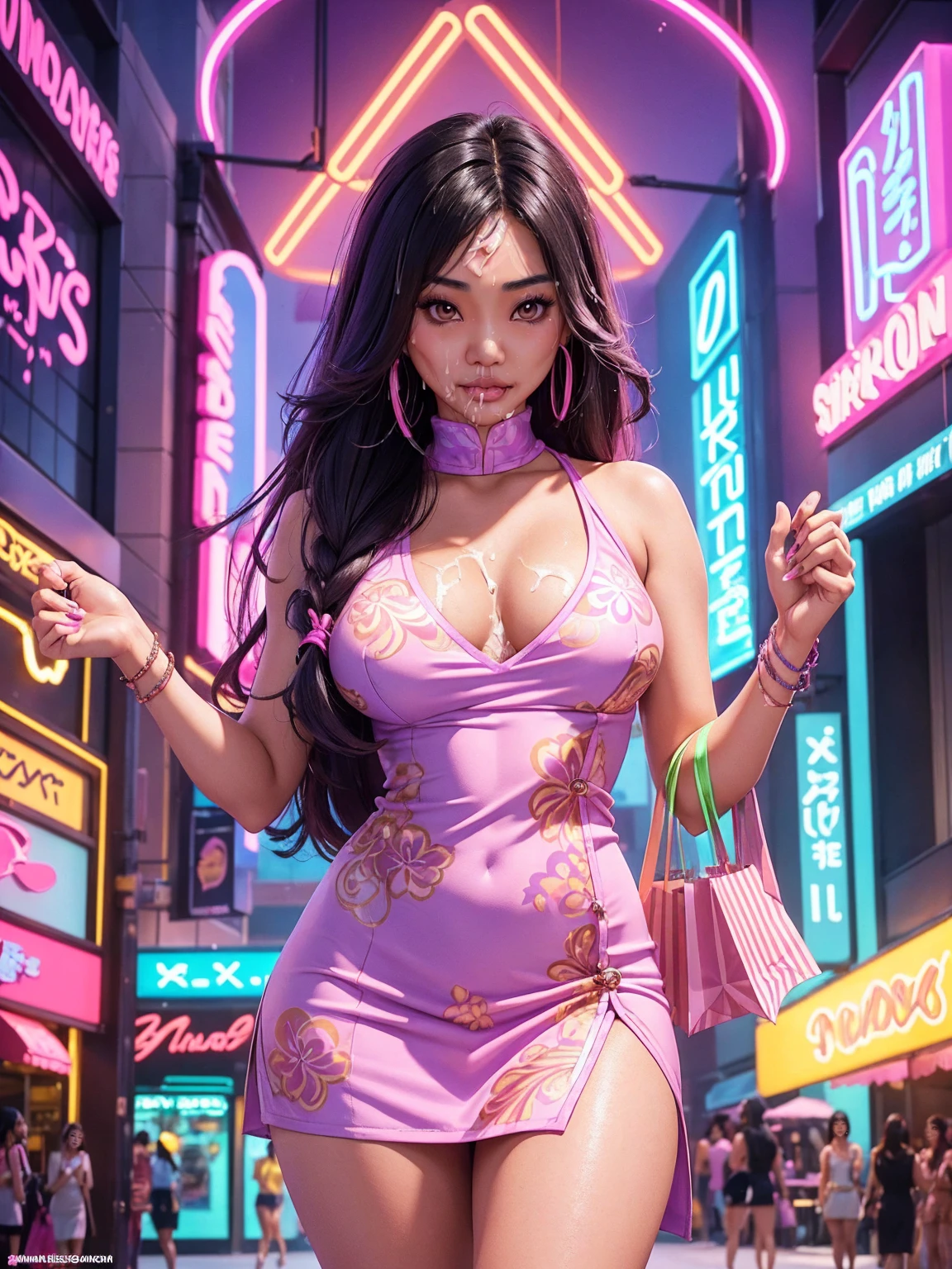 (Gorgeous sexy tanned Polynesian|Asian woman, extremely_long_hair, slanted Asian eyes, hourglass figure, perfect eyeliner:1.2), (masterpiece:1.4, best quality), medium breasts, unity 8k wallpaper, ultra detailed, (shopping in crowded plaza, purple pink yellow neon lights, cum on face and hair, wearing short cocktai_dress:1.5), alluring pose, upper body, narrow_waist, beautiful and aesthetic, detailed, solo, pubic_hair