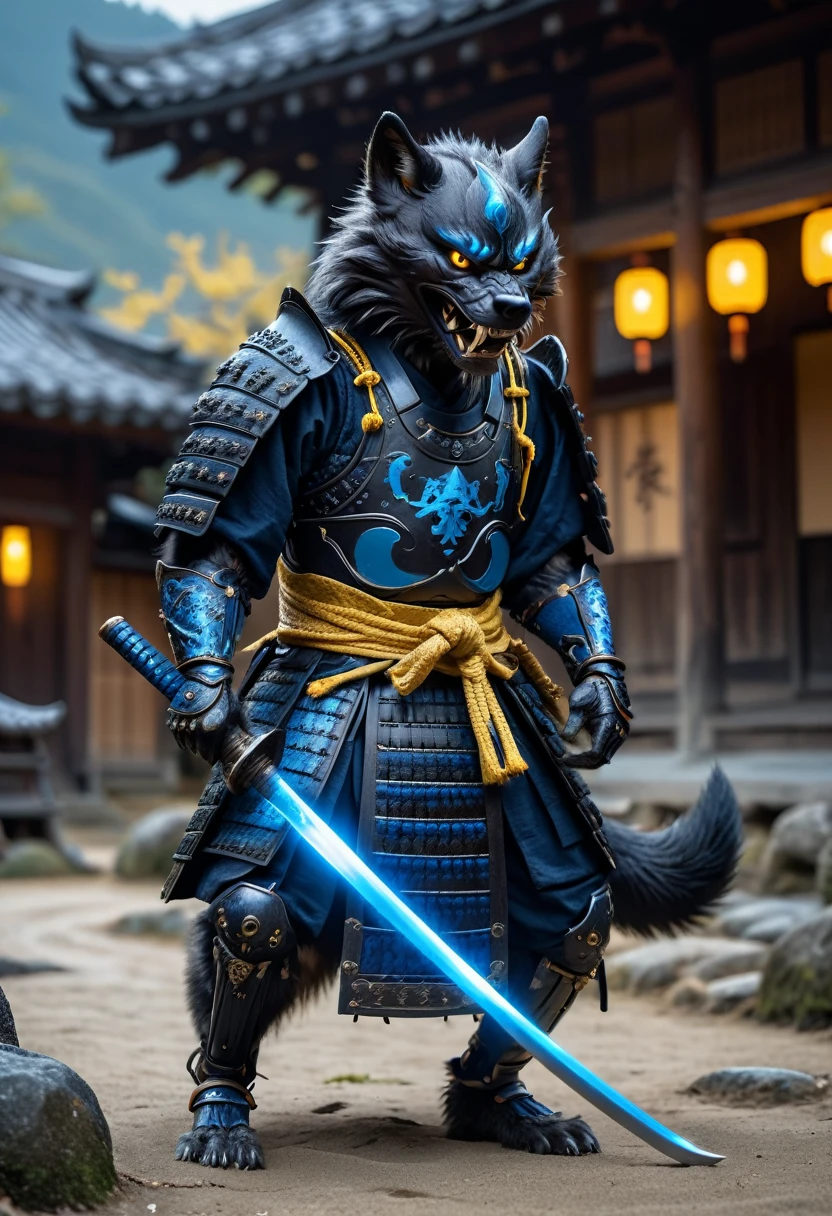 Action Photography, Realistic digital photos, Angry anthropomorphic black wolf samurai pulls out glowing magical sword from its sheath, Black and blue wooden armor, Samurai Pearl, Yellow Demon Samurai Mask, Standing in an ancient Japanese village, Ultra HD, 8k, Insane Details,