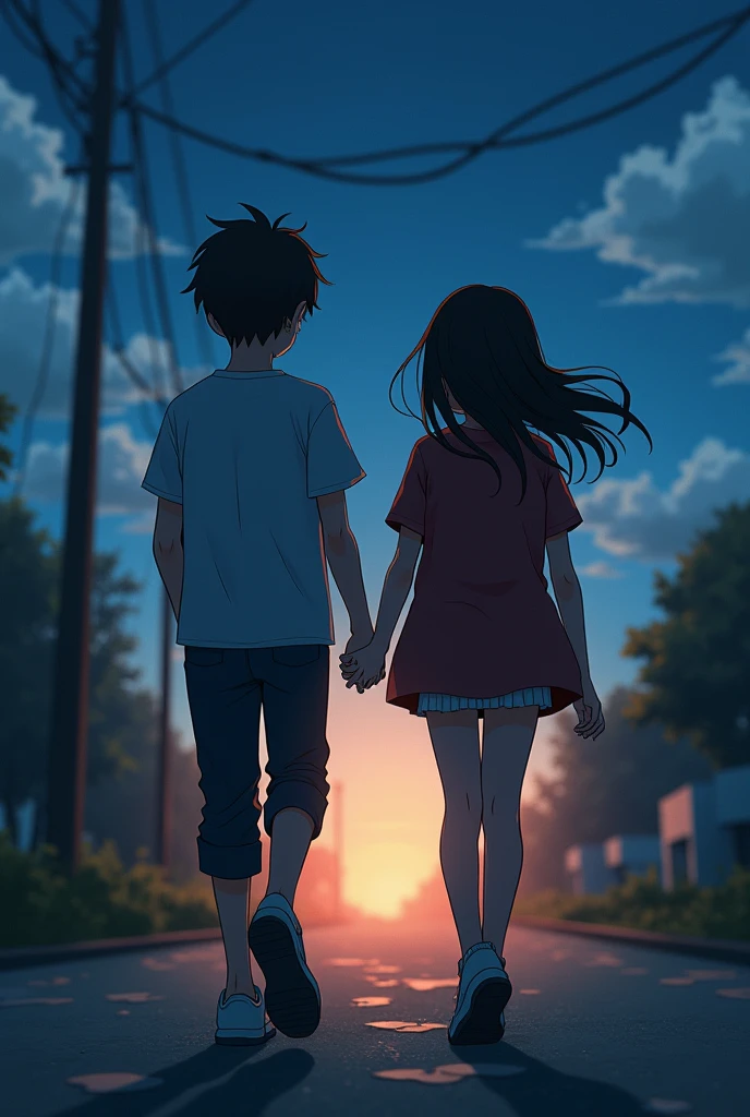 A boy and a girl walking away from each other in tears, make it more anime book cover, more heartbreaking and tear dropping., make them walk away like they broke up.
