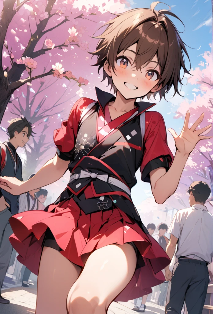 boy, 20 years old, brown hair, Japanese cherry blossom viewing festival, cherry blossom viewing outfit, bright smile, kneeup, gentle, raising hand in invitation, masterpiece, best quality