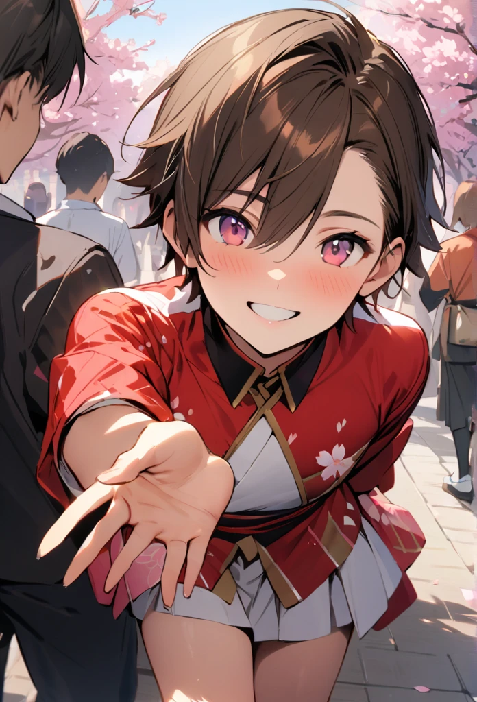 boy, 20 years old, brown hair, Japanese cherry blossom viewing festival, cherry blossom viewing outfit, bright smile, kneeup, gentle, raising hand in invitation, masterpiece, best quality