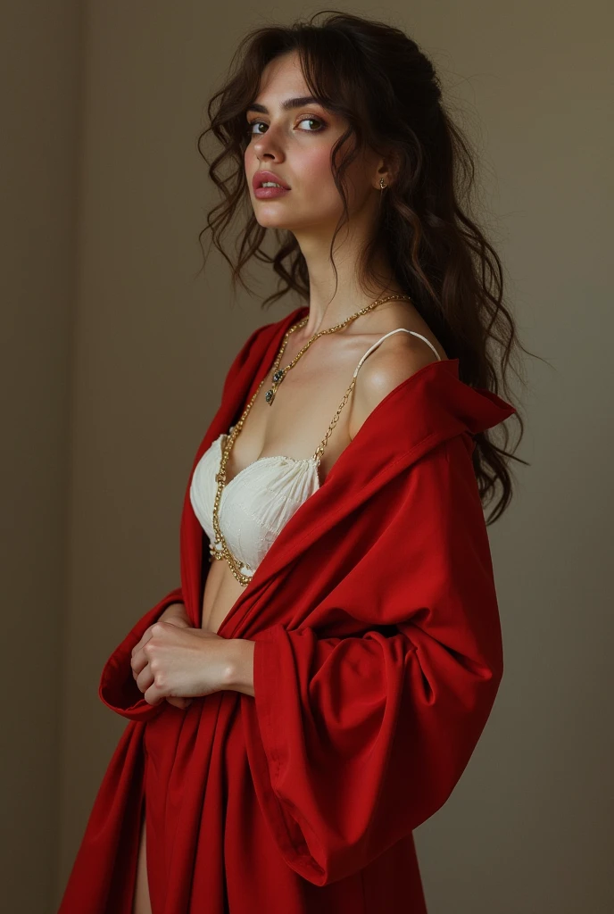 une femme brune, robe rouge relevée, culotte blanche, de dos, les mains
jointes dans le dos, regardant en arriere, la langue pendante, avec des couettes