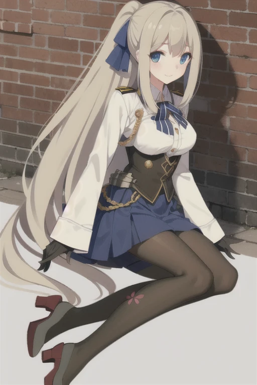 lexington \(warship girls r\),((Best quality))), ((Ultra-detailed)), ((illustration)), ((Disheveled hair)), ((frilld)), (1 girl), (Solo),,1girl, brick_wall, flower, looking_at_viewer, solo, rating:safe, bangs, black_bow, black_footwear, black_gloves, blue_bow,  blue_shirt, blue_skirt, blunt_bangs, boots, bow, brown_legwear, brown_pantyhose, closed_mouth, clothing, corset, dress_shirt, eyebrows_visible_through_hair, female, footwear, gloves, knee_boots, legwear, long_hair, long_sleeves, miniskirt, pantyhose, shirt, sitting, skirt, smile, straight_hair, very_long_hair, blurry, flaxen long hair(delicate hair),blue eyes(delicate eyes),