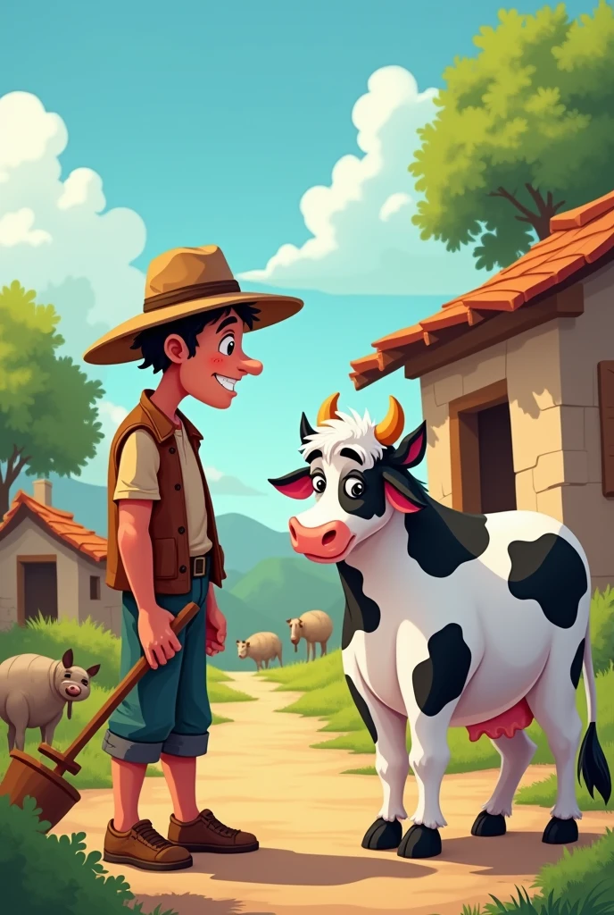 I need to cartoon poor farmer, his friend and white, black dots cow. Poor farmer and his frend important talking