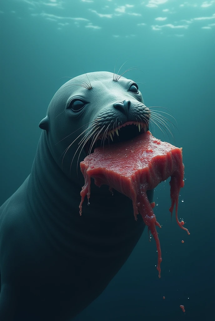 Seal eating half of a meat in the sea