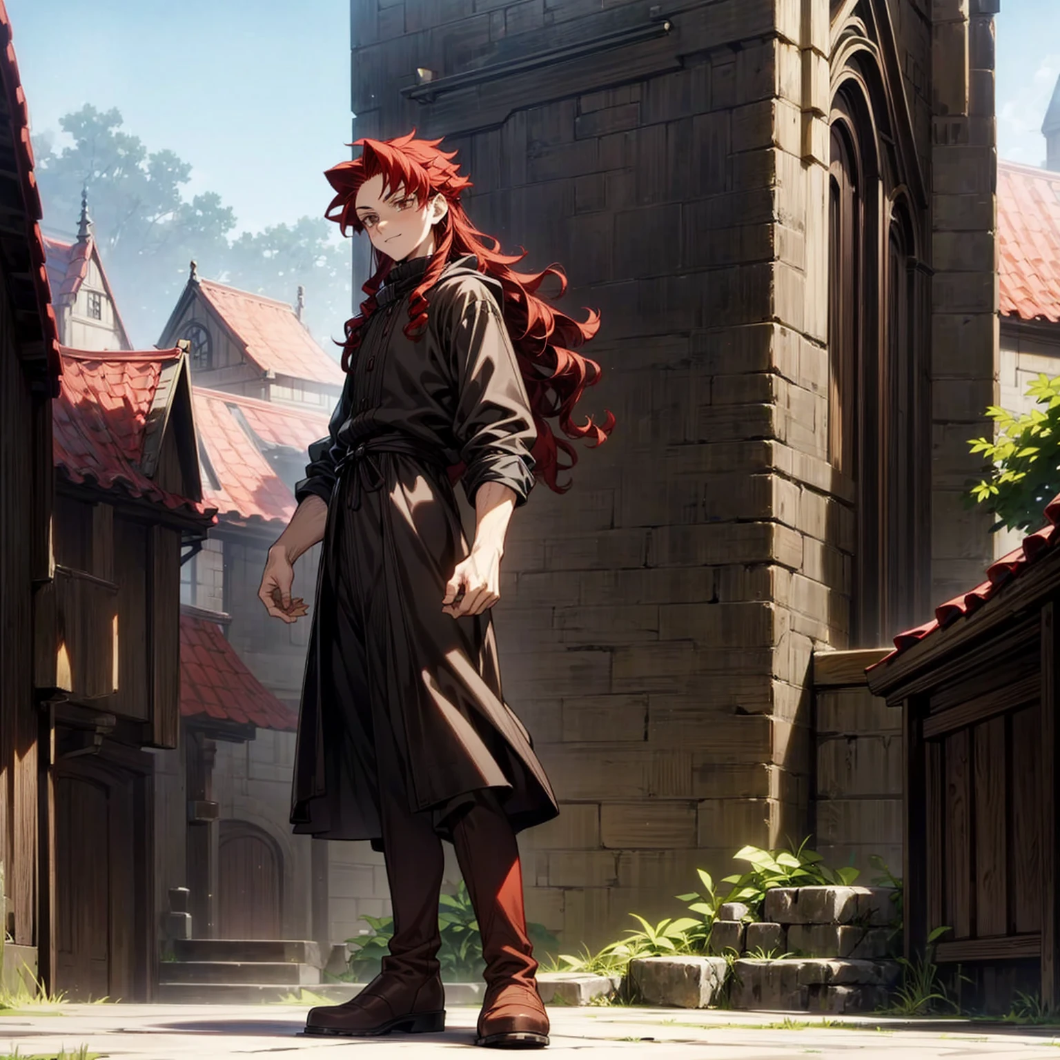 Solo character, full body version, young man, muscle, tall height, brown eyes, red color hair, long curly hair, casual clothing, black color clothing, boots, outdoor, village, medieval, morning, detailed background, detailed clothing, detailed hair, happy, (Hunter x Hunter style art), standing gesture 