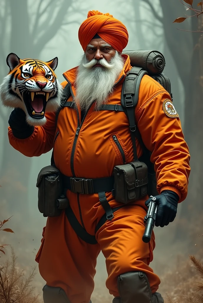 (a dark-skinned fat muscular white bearded sikh old man in orange zipper pilot suit) carrying a gun in right hand, (carryingrealistic roaring tiger mask in left hand), dynamic action pose, fierce expression, showcasing an imposing stature, surrounded by military elements, dramatic shadows and intense highlights, cinematic color tones, high detail, powerful, art influenced by Bruce Onobrakpeya and Stanley Artgerm, ultra-detailed, best quality image, action-packed atmosphere. fighting stance