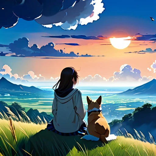 anime landscape of a girl&cute corgidog sitting on a hill with grasses with dark blue clouds, blue cere sky lightly big bell with few clouds, anime nature wallpapers, beautiful anime scene, beautiful anime peace scene, Makoto Shinkai Cyril Rolando, beautiful scene of anime, amazing wallpaper, anime art wallpaper 8k, anime background, art anime background, anime 4k wallpaper, anime art 4k wallpaper, anime art 4k wallpaper, prayer of requiem prayer of requiem