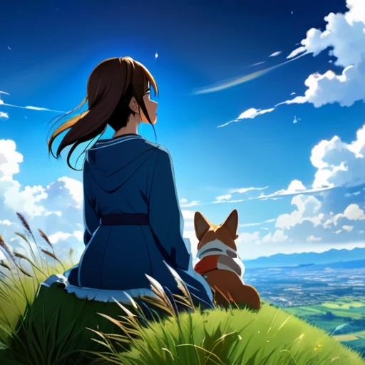 anime landscape of a girl＆cute corgidog sitting on a hill with grasses with dark blue clouds, blue cere sky  lightly   big bell   with few clouds, anime nature wallpapers, beautiful anime scene, beautiful anime peace scene, Makoto Shinkai Cyril Rolando, beautiful scene of anime, amazing wallpaper, anime art wallpaper 8k, anime background, art anime background, anime 4k wallpaper, anime art 4k wallpaper, anime art 4k wallpaper,  prayer of requiem  prayer of requiem