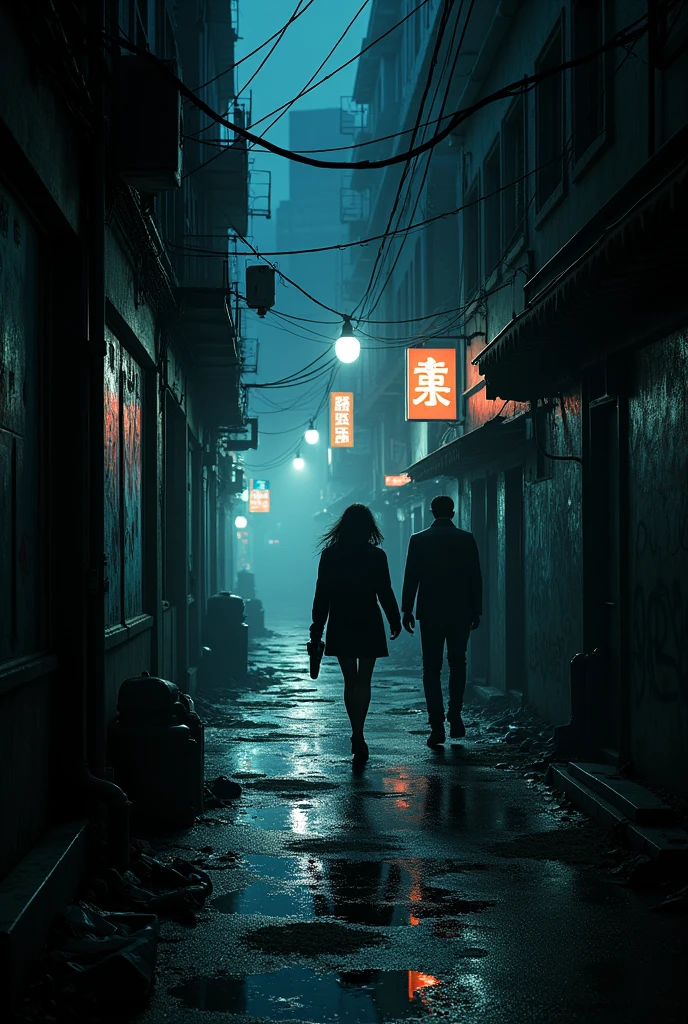 Dark alleyway of city, night theme  , a woman following a man 