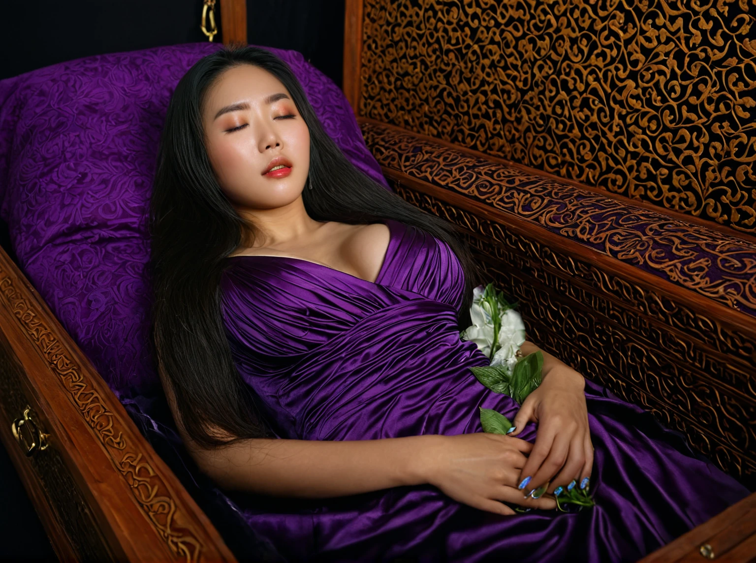 In a striking 8K HDR scene, a stunning Korean woman, 22 years old, lies peacefully in a coffin and coffin cover surrounded by plush pillows behind head. The deep box is set against a rich black background, accentuating the beauty of the subject. Her exquisite deep-V neckline kebaya attire is embroidered with superb detail, showcasing her round and firm breasts, perfect cleavage, and beautiful eyebrows. Her closed eyes and mouth give an air of serenity, while her visible and absolute cleavage leave nothing to imagination. The scene is bathed in saturated colors, highlighting every intricate aspect from the ball skirt to her clean face, straight body, detailed hand perfect hands, straight body, own hands together, own hand on stomach, detailed hands, perfect hands, holding the flowers, wearing high heels