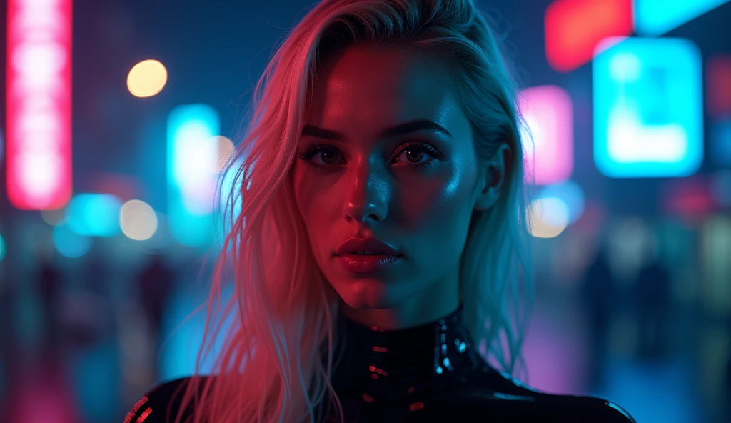 ((best quality)), ((masterpiece)), (detailed), ((background Cyber)), wet look, ((blond long Hair)), ((Intricate detailing, in the night time, Contre-Jour, random neon color, View from afar, random pose, blue latex bodysuit, face focus, hell picture, light face, big boobs)), (face brightly lit), ((full body view)), 8k