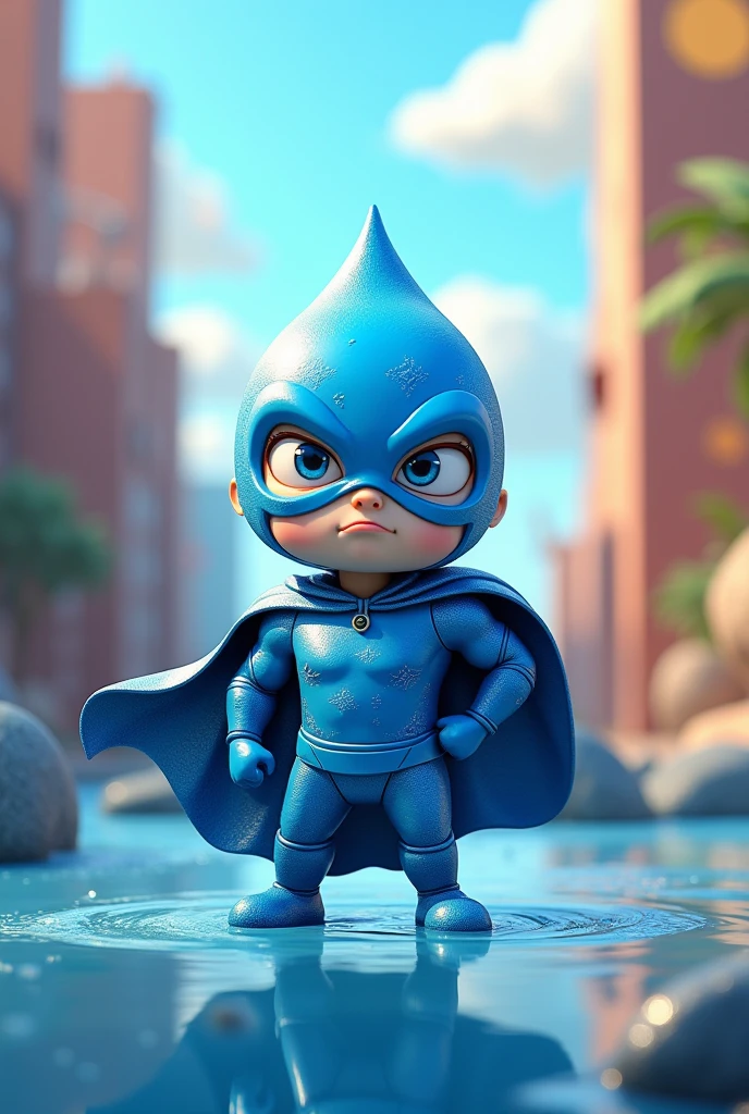 A drop of water in a superhero suit, that it is Cartoon with a face