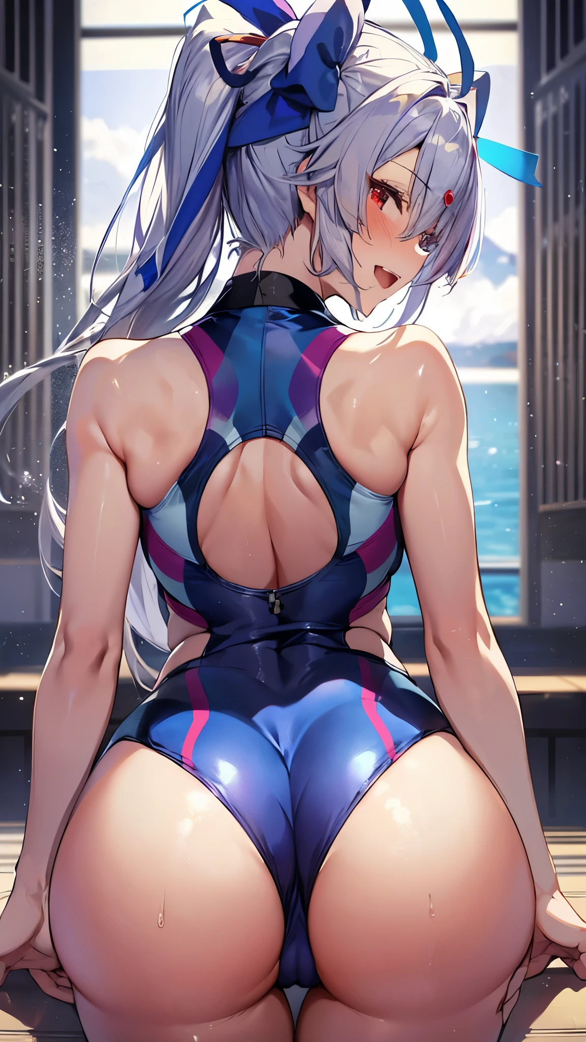 masterpiece, highest quality, Complex, disorganized, 1 girl, alone,  Tomoe, swimsuit saber,  (tomoe Gozen \(swimsuit saber\) \(destiny\)),  red eyes, gray hair, parted bangs, hair between eyes, (very long hair), (ponytail), blue bow,  buttocks visible from thighs, swimsuit, highleg swimsuit, one-piece swimsuit, thigh gap, wide hips, tight waist, big breasts, Day,smile, skin dents, V arm,(upper body:1.3),open mouth, embarrassed , (((raise ASS:1.3))),(ass focus,from behind:1.3),(looking back,all fours:1.3),(cameltoe:1.3),