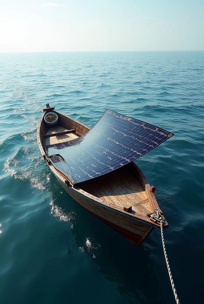 Generate flexible solar panel attached to a side of fishing boat in sea rollable solar panel which is floating on the sea