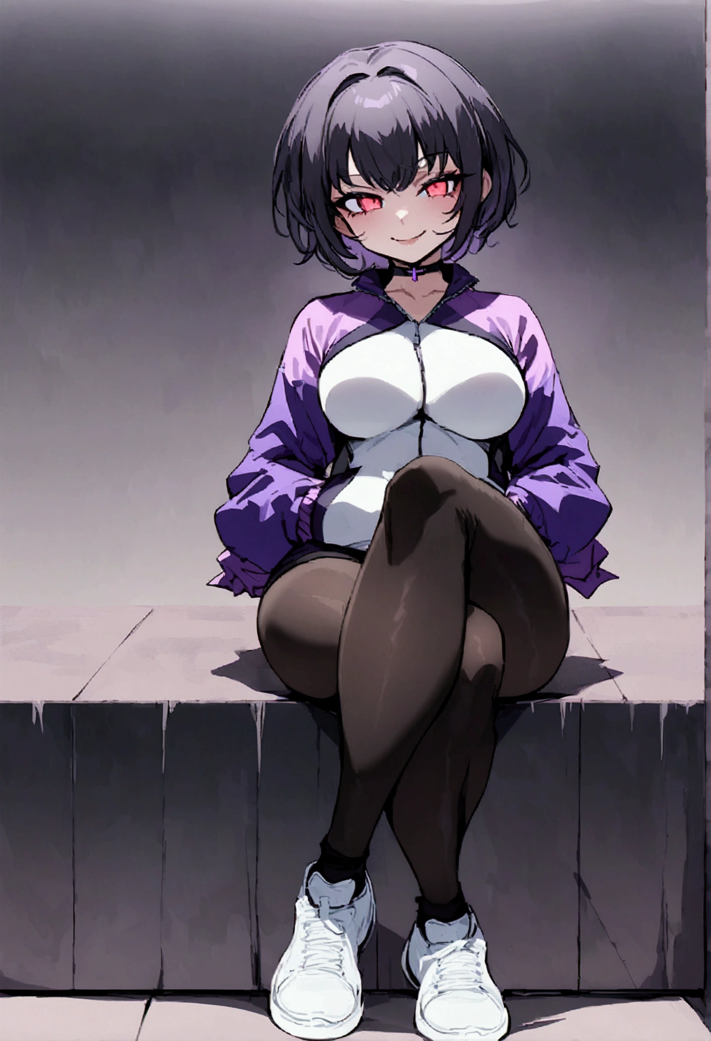 beautiful young fitness woman with , in a gym wearing May with black pantyhose, white and purple tight short gym jacket. standing alone,red eyes glowing,Evil smile,legging preto ,labiaa,dark eye shadow,shining eyes,hands in our pockets,neckleace,jacket zipper half open,Tight black shirt,white sports tennis shoes,short hair with purple details,beautiful curves,whole body,hair with purple details,labiaa,detailed face and eyes,work of art,sitting,cross legs,sexy look