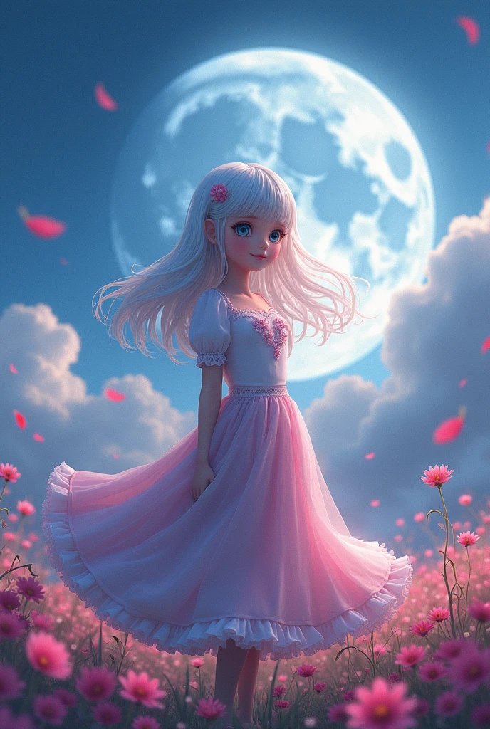 work of art, best qualityer,, 1 girl, (colorfully),(beautiful finely detailed eyes and detailed face),cinematic Lumiereing,shot not bust,Extremely detailed CG 8k unity wallpaper,White hair,standing alone,ssmile,intricate skirt,((flying petal)),(Flowery meadow), sky, Clouded_sky, building, moonlighLumiere, moonligh, natta, (dark theme:1.3), Lumiere, fancy,
