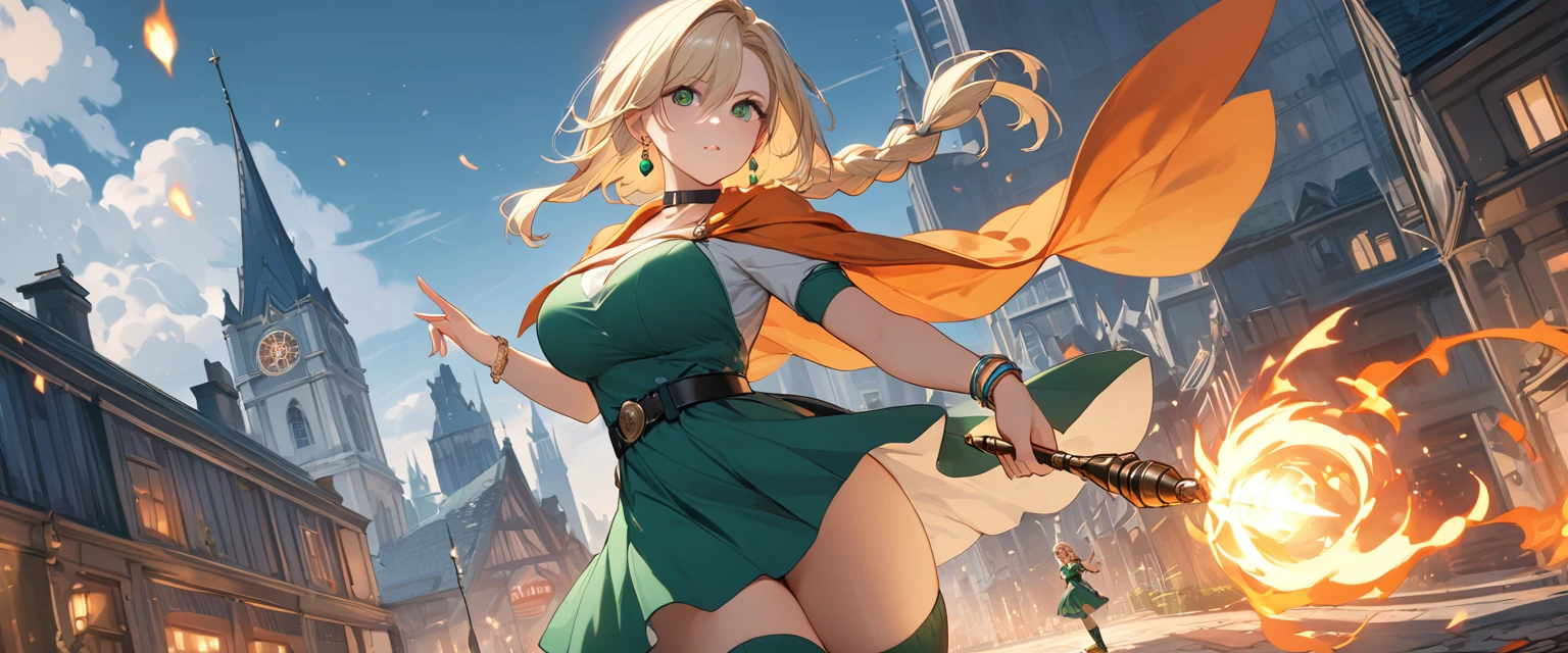 (8k, masterpiece, Highest quality, High resolution, Ultra-fine illustrations:1.2), (Beautiful attention to detail:1.2), One girl, alone, city, Outdoor, DQ Bianca, Single Blade, Earrings, choker, Orange Cape, Green Dress, belt, bracelet, Black boots, Green High Socks, Large Breasts, Contrasting , full body, braid, Waving a magic wand, Attacking with fire magic