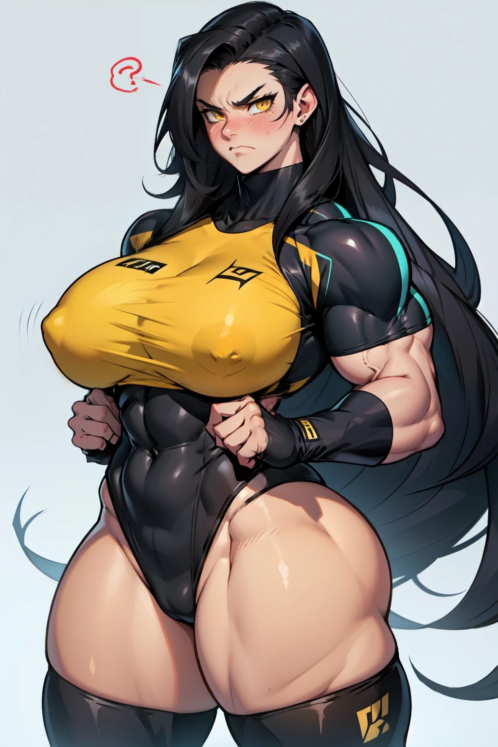 girl huge breasts bodybuilder muscular toned body pale skin black hair very long hair yellow eyes angry blushing embarrassed thick thighs