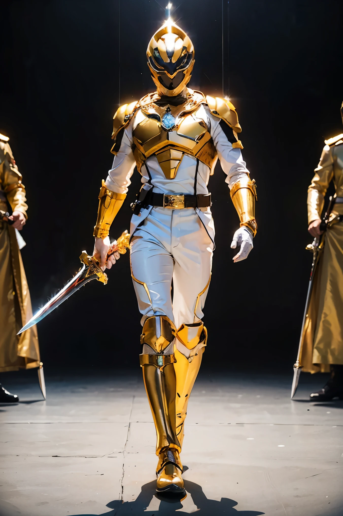 1boy, white, full body, Illustration, cinematic light, high resolution, best quality, ultra-detailed, masterpiece, power suit, powerranger, suit, spd, (golden ranger suit), gold detail, (((perfect golden sword with aura))),