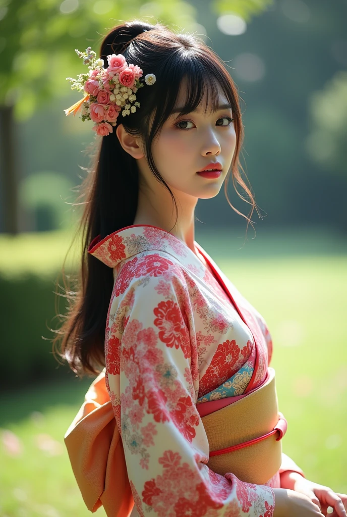最high quality、high quality、Best image quality、8k、最High resolution、High resolution、最high quality、masterpiece、RAW Photos、whole body写真、Detailed and realistic human body、Detailed and realistic skin、Realistic face in every detail、Detailed and realistic eyes、Detailed and realistic lips、Detailed and realistic teeth、Detailed and realistic ears、Detailed and realistic hair、Realistic reproduction of every detail、Realistic fingers in every detail、(Perfect and beautiful hands、thumb1reference4)、Realistic feet down to the last detail、((Beautiful Japan mature woman))、(Japanese Model)、((Beautiful 28 year old girl))、(Black Hair)、(Straight hair)、((whole body))、(Slim and perfect figure)、(whole body光沢肌、Fair skin)、Soft natural light、Sunlight filtering through the trees、Breeze、(Maiko、geisha、kimono、short-sleeved kimono、yukata、Japanese tradition、Samurai residence、Japanese garden、((カラフルな花柄のkimono))、((Standing naturally in the garden(Poses to make your thighs look beautiful))、((Sexy panties visible between her thighs))、(japanese newscaster)、(japanese news anchor)