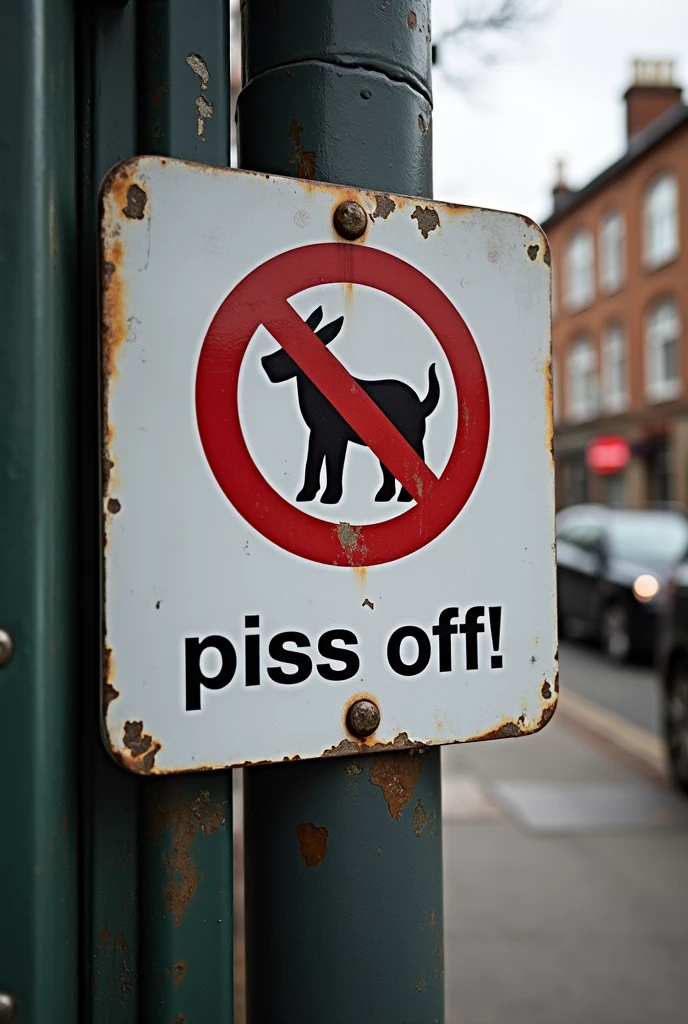 A sign that says "piss off!"