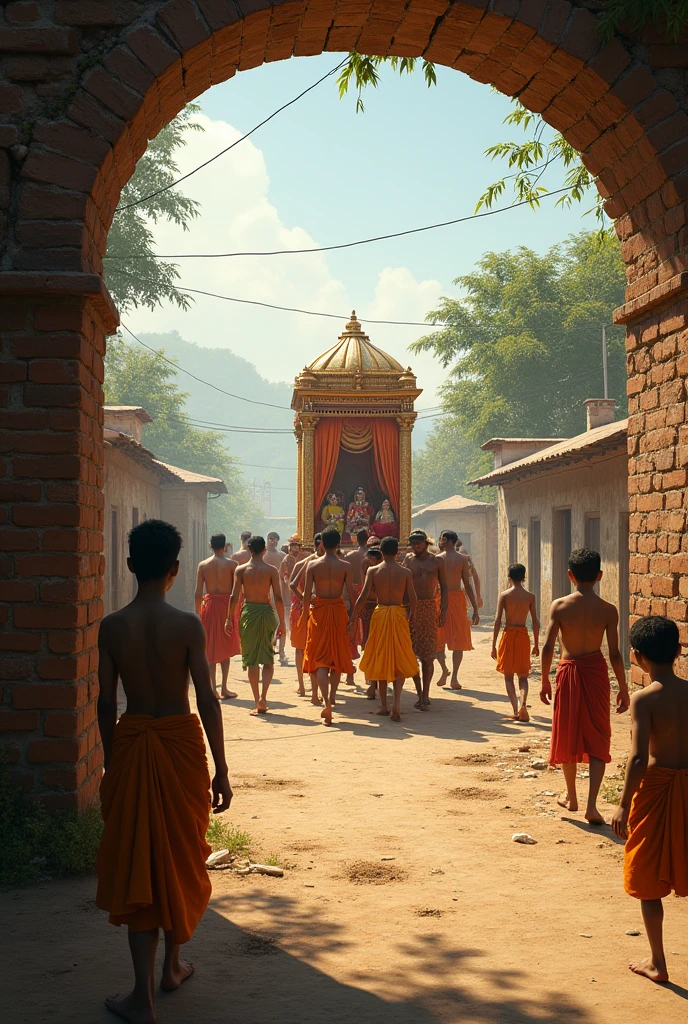 In the village, poor people wearing dhoti-kurta are carrying the bride in a palanquin, while other boys are watching her from behind a wall.