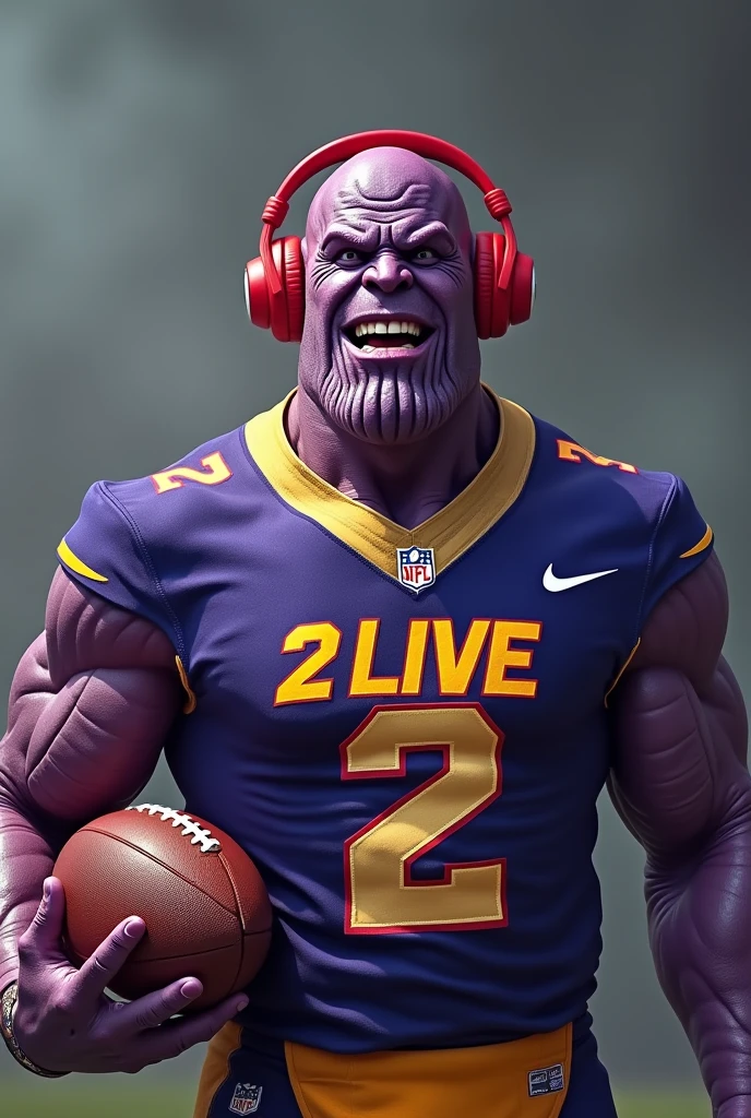 Thanos wearing a 2 live crew t shirt,  wearing red head phones and holding a football